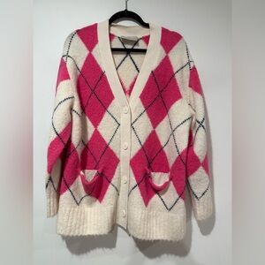 Everlane SuperFuzz Alpaca Cardigan Pink White Argyle Sweater Oversize Medium